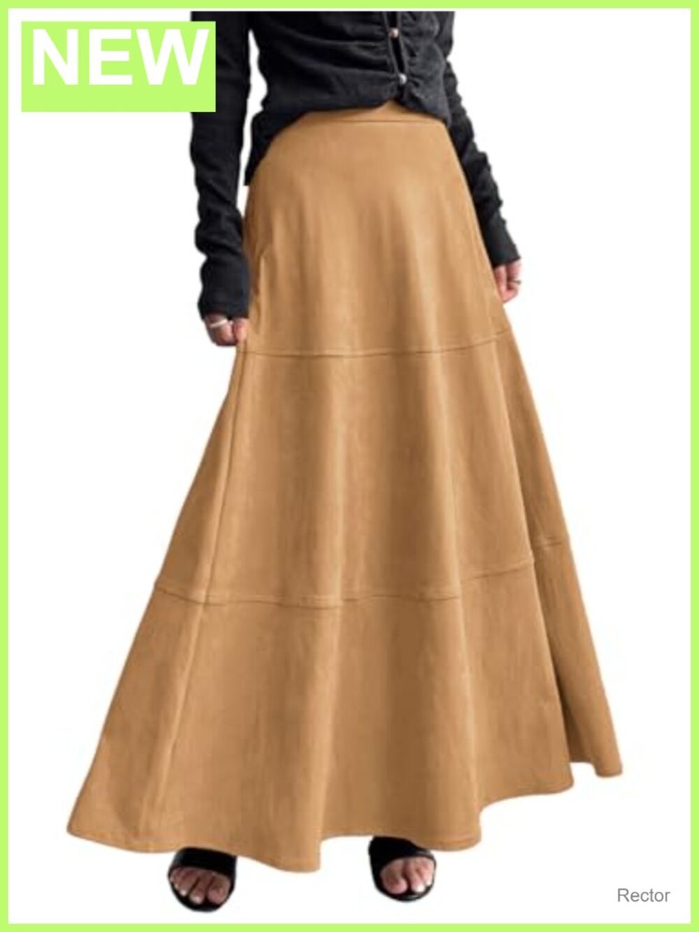 Faux Suede High Rise A-Line Maxi Long Skirt Ruffle Flowy Business Casual
